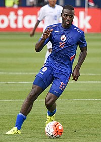 Kevin Lafrance playing for Haiti's Men's National Team against Honduras in the Gold Cup, Sporting Park, Kansas City, Kansas, 13JUL2015.jpg