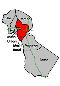 Районы региона Килиманджаро, включая городской округ Моши.