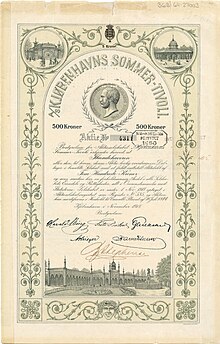 Aktie i A/S Kjøbenhavns Sommer-Tivoli for 500 kroner, udstedt i november 1918 i København, underskrevet af Knud Arne Petersen, Tivoli-direktør fra 1899 til 1940