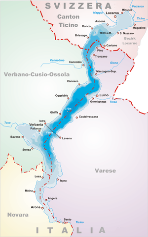 Map of Lake Maggiore with Italian place names