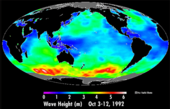 A map of mean wave height for the period Oct. 3-12, 1992. NASA.
