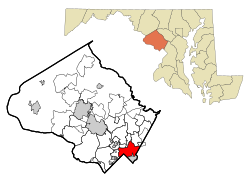 Location of Silver Spring in Montgomery County, Maryland (left) and of Montgomery County in Maryland (right)
