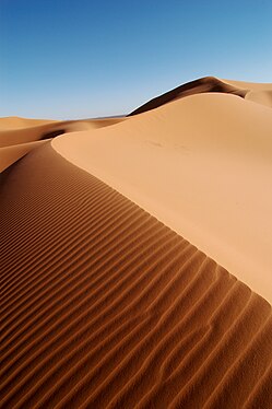 Erg Chebbi (Arabic: عرج شبّي) is the sole Saharan erg in Morocco. It is 22 km long (North-South) and 5 km wide. Its dunes reach a maximum height of 150 meters. It is located roughly 40 kilometers south-east of Erfoud. The local center for tourists is the village of Merzouga. (Credit: Rosa Cabecinhas and Alcino Cunha.)