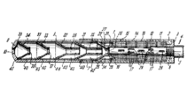 Cross-section diagram of an early MP5SD suppressor from 1971 patent, detailing its vented barrel surrounded by metal mesh packing in the expansion chambers, followed by conical baffles in the forward chambers. Patent DE1553874 07-Oct-1971 Handfeuerwaffe mit Schalldaempfer Heckler und Koch.png
