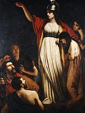 Obraz ženy s nataženou paží, v bílých šatech s červeným pláštěm a helmou, s dalšími lidskými postavami po pravé straně a pod ní vlevo.