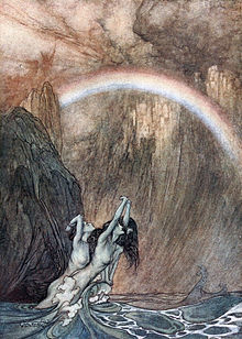 Arthur Rackham, Rhinemaidens, from The Rhinegold & The Valkyrie (1910). Rhinegold and the Valkyries p 072.jpg