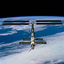 The ISS, taken from Endeavour on 9 December 2000 shortly after undocking. The new solar arrays are visible at the top. STS-97 ISS.jpg