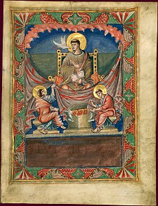 Folio 3r, Saint Grégoire dictant sous l'inspiration de la colombe du Saint Esprit à ses scribes[v 2]