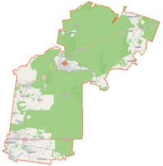 Mapa konturowa gminy Supraśl, u góry po prawej znajduje się punkt z opisem „Międzyrzecze”