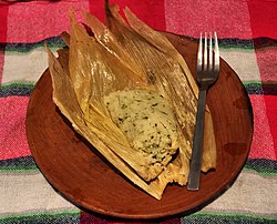 Chipilin Tamal, a common dish usually eaten at dinner. Tamal chipilin.jpg