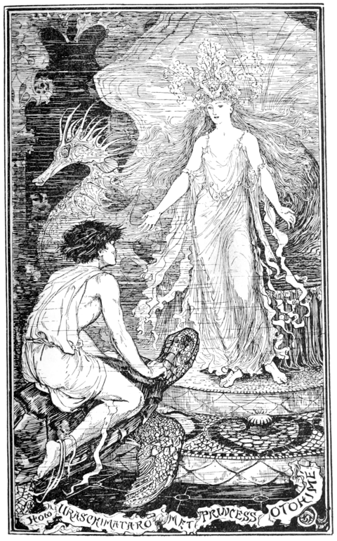 black and white illustration of a young man on his knees riding a large sea turtle, he and the turtle are both looking up at a standing woman in a an ornate headdress and a gauzy dress. In the background there is human sized seahorse.