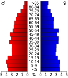 Schéma représentant la population du comté, par tranche d'âge. En rouge, à gauche, les femmes, en bleu à droite, les hommes.