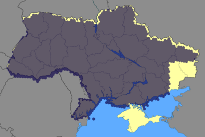 Approximate Starlink coverage of Ukraine as of September 2023, according to the official map on the Starlink website. Areas along the Belarusian and Russian borders, Crimea, and parts of the Donbas are not covered. Ukraine Starlink Coverage - black.png