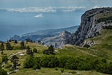 View from the western slope of Mount Ai-Petri of the Ai-Petri plateau, in Crimea designated by the Ukrainian government as a natural heritage site. WLE - 2020 - Ai-Petrins'ka iaila.jpg