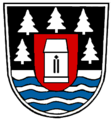 Gemeinde Gutenstetten Geteilt von Schwarz und Silber mit einem roten Herzschild, darin ein silberner Kirchturm, oben fünf drei zu zwei gestellte silberne Tannen, unten drei blaue Wellenbalken.