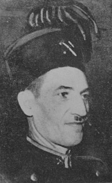 Head and shoulders shot of a thin faced man with a toothbrush moustache, wearing military uniform style dress: pillbox hat with plumes and insignia and buttoned up jacket with lapel pickaxe insignia.