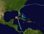 Trajetória do furacão. O fenômeno surgiu no norte do Panamá, seguiu em sentido noroeste até Cuba, onde fez um giro, e depois tomou rumo nordeste, atravessando a Flórida.