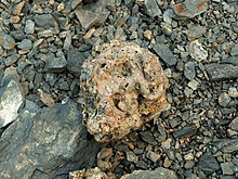 Un bloc de roches volcanique au milieu de morceaux de schistes