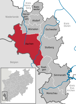 Situo de la urbo kadre de la federacia lando Nordrejn-Vestfalio kaj de la distrikto Aachen