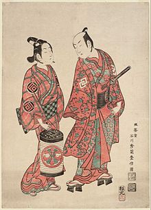 Grabado en plancha de madera por Ishikawa Toyonobu que muestra a los actores de kabuki Nakamura Shichisaburō II y Sanogawa Ichimatsu, firmado 'Meijōdō Ishikawa Shūha Toyonobu zu', años 1740.