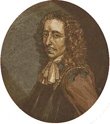 Old portrait of the bust of a man with long, curly hair and a lacy cravat around his neck