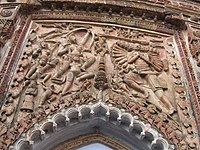 Terracotta relief at a Char Bangla temple. It is shows the Last prayer of Ravana, the most famous among the wall-reliefs of Baronagar.