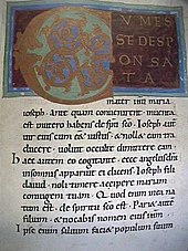 A page from the 11th-century Bamberg Apocalypse showing Matthew 1:21 BambergApocalypse06LargeInitialE.JPG