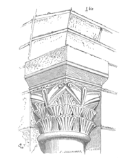 Un chapiteau roman de la crypte situé à l'angle formé par le déambulatoire et la chapelle absidiale. Dessin de Viollet-le-Duc.