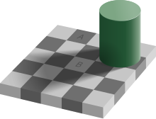 An optical illusion. The square A is exactly the same shade of gray as square B. See checker shadow illusion. Checker shadow illusion.svg