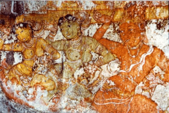 Fresko fra Chola-dynastiet av dansende piker. Brihadisvara-tempelet ca. 1100