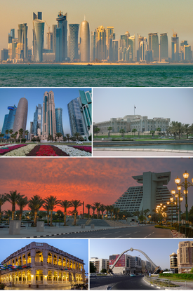 Top to Bottom, Left to Right: Doha skyline in the morning, Modern buildings in West Bay district, Amiri Diwan which serves as the office of the Amir of Qatar, Sheraton hotel, Souq Waqif, Sword Arch on Hamad Street.