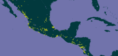 Mapa de distribuição de C. alata com enfoque no sul do México e América Central.