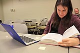 Researching to edit for Wikipedia during the 2016 Art + Feminism Wikipedia edit-a-thon at Cornell University on March 5, 2016