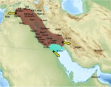 Map of the Akkadian Empire and the directions in which military campaigns were conducted (yellow arrows). Empire akkad-tr.svg