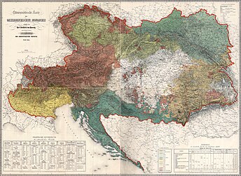 Carte ethnographique de l'empire d'Autriche, réalisée en 1855 par Karl von Czoernig-Czernhausen. La légende est accessible en cliquant sur l'image. (définition réelle 7 997 × 5 862)