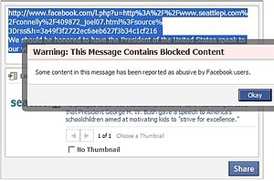 The warning box that appears when Internet users try to view censored or blocked content on Facebook Facebook Censorship Cropped.jpg