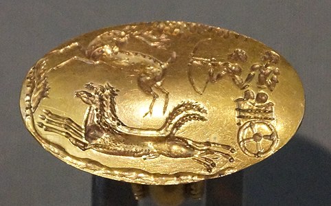 Колесница на золотой печатке из могильного круга А, Микены XVI в. до н. э.