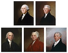 The Gibbs-Coolidge Set, five oil paintings on wood of the first five presidents, by Gilbert Stuart. The set was acquired by NPG in 1979. Gibbs-Coolidge Collection - 1817 to 1821 - by Gilbert Stuart - National Gallery of Art, Washington DC.jpg