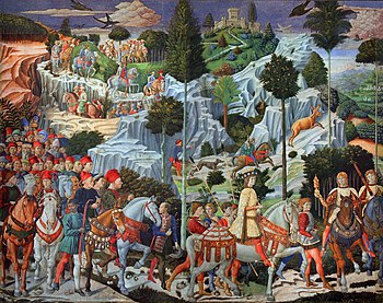 Members of the Medici family parading in the guise of the Three Wise Men through the Tuscan countryside in a Benozzo Gozzoli fresco from 1461.