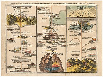 A Plan of the Road From the City of Destruction to the Celestial City, Adapted to The Pilgrim's Progress, by John Bunyan, 1821. John Bunyan, The Road From the City of Destruction to the Celestial City 1821 Cornell CUL PJM 1038 01.jpg