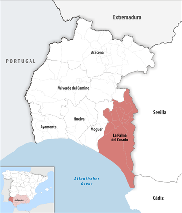 Die Lage des Gerichtsbezirk La Palma del Condado in der Provinz Huelva