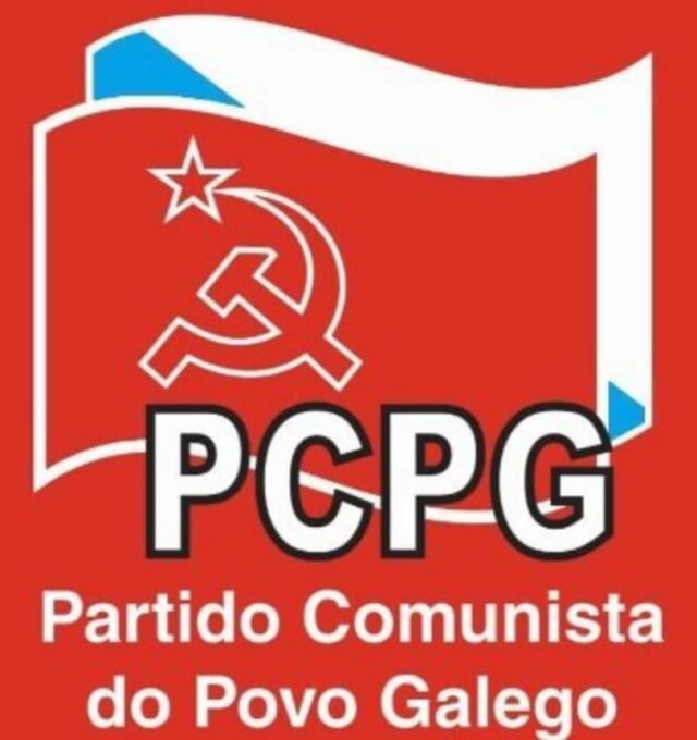 Logo of the Communist Party of the Galician People depicting a white hammer, sickle, and star on a red flag with a white and blue flag behind it. underneath the flags are the words "Partido Communista do Povo Galego" underneath and the abriviation "