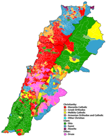 Religious map of Lebanon by municipality according to municipal elections data Lebanon religion map by municipality.png