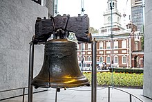 The Liberty Bell (foreground) was housed in the highest chamber of the brick tower Liberty Bell, 2016.jpg