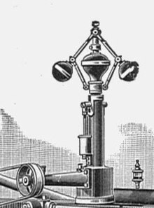 The centrifugal governor is an early proportional control mechanism. Loaded centrifugal governor (New Catechism of the Steam Engine, 1904).jpg