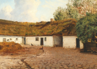 Landskab med høns på en gårdsplads ved et stråtækt hus (1903)