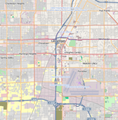 Mapa konturowa Las Vegas, blisko centrum na lewo znajduje się punkt z opisem „Palms Casino Resort”