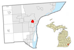梅尔文代尔在韦恩县及密歇根州的位置（以红色标示）