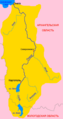 Mapa en ruso del río Onega en el que aparecen tres ciudades de este óblast: Kárgopol (Каргополь), Severoonezhsk (Североонежск) y Onega (Оне́га)