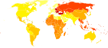 Глобальная тепловая карта 2004 года с поправкой на остеоартрит по годам жизни по странам